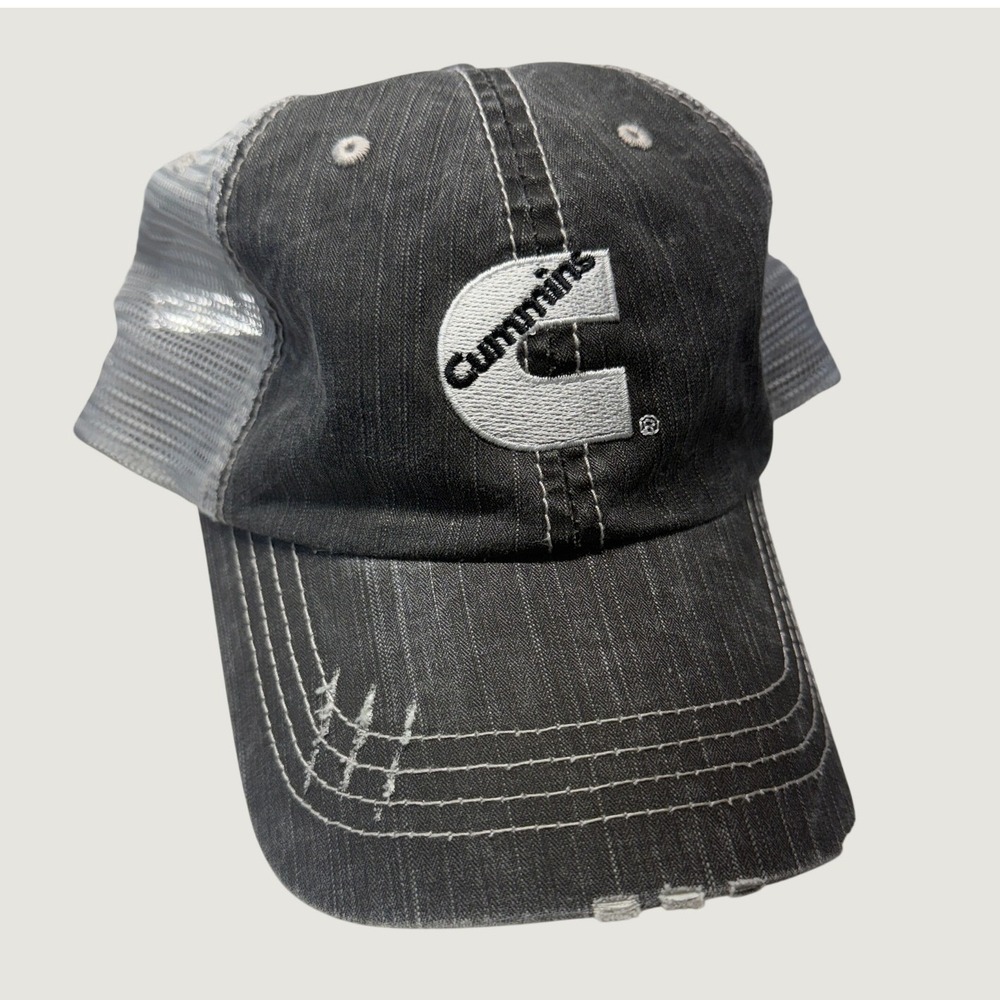 Cummins Trucker Hat Country Black Gray Distressed Mesh Back Diesel Engine Cap